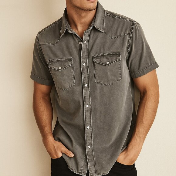 Treasure & Bond Grey Short Sleeve Button Front Shirt Size Medium - Picture 1 of 7